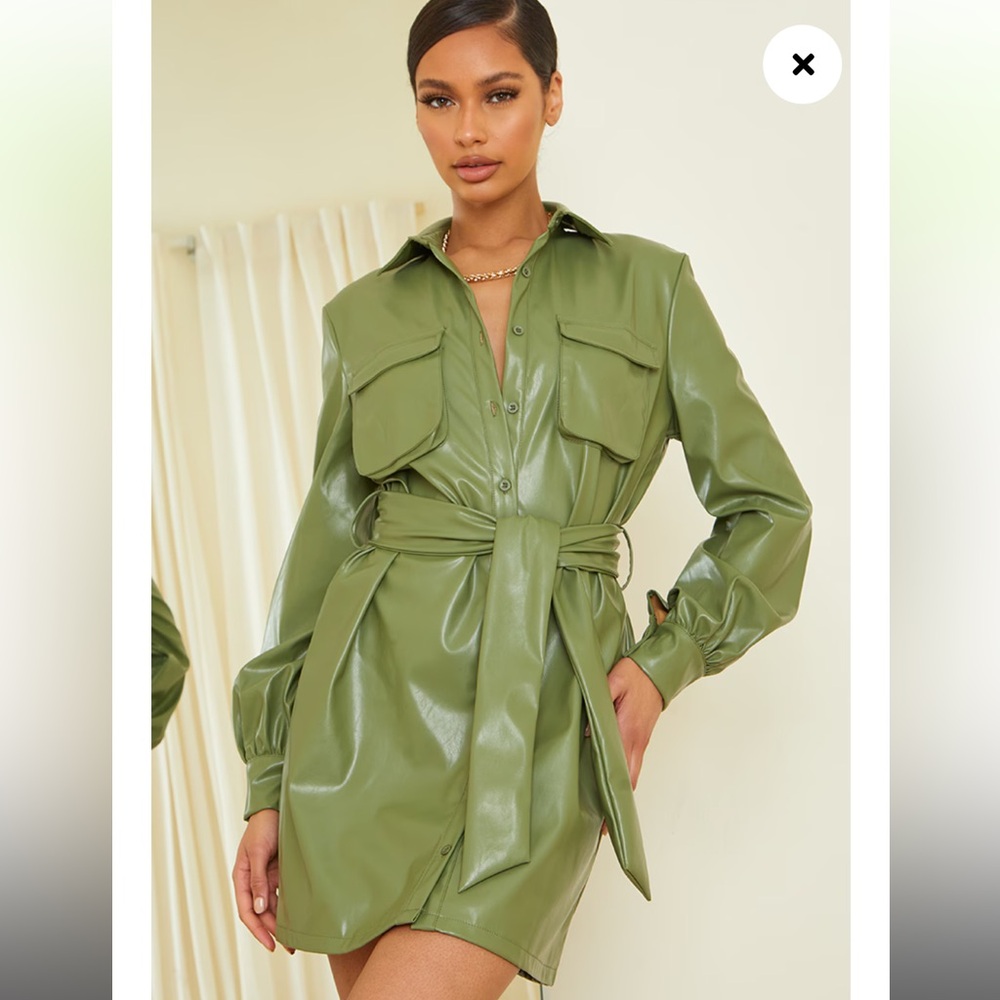 PLT Khaki Faux Leather Pocket Detail Shirt Dress